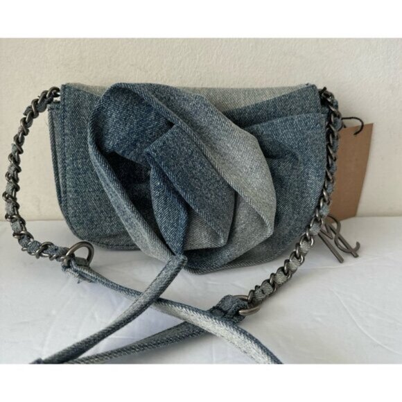 Steve Madden  Small Washed Denim Borla Crossbody Handbag 3D Rose Flower - Picture 1 of 7